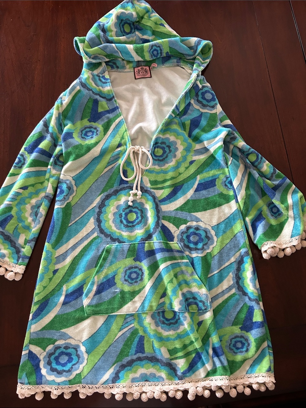 Juicy Couture Terry pom Floral Hooded Top - Green, Blue & White Small